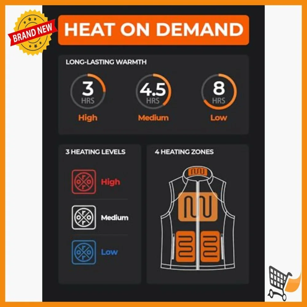 Heated Fleece Vest with Battery, 4-Zone Warming, Machine Washable, Regular Fit